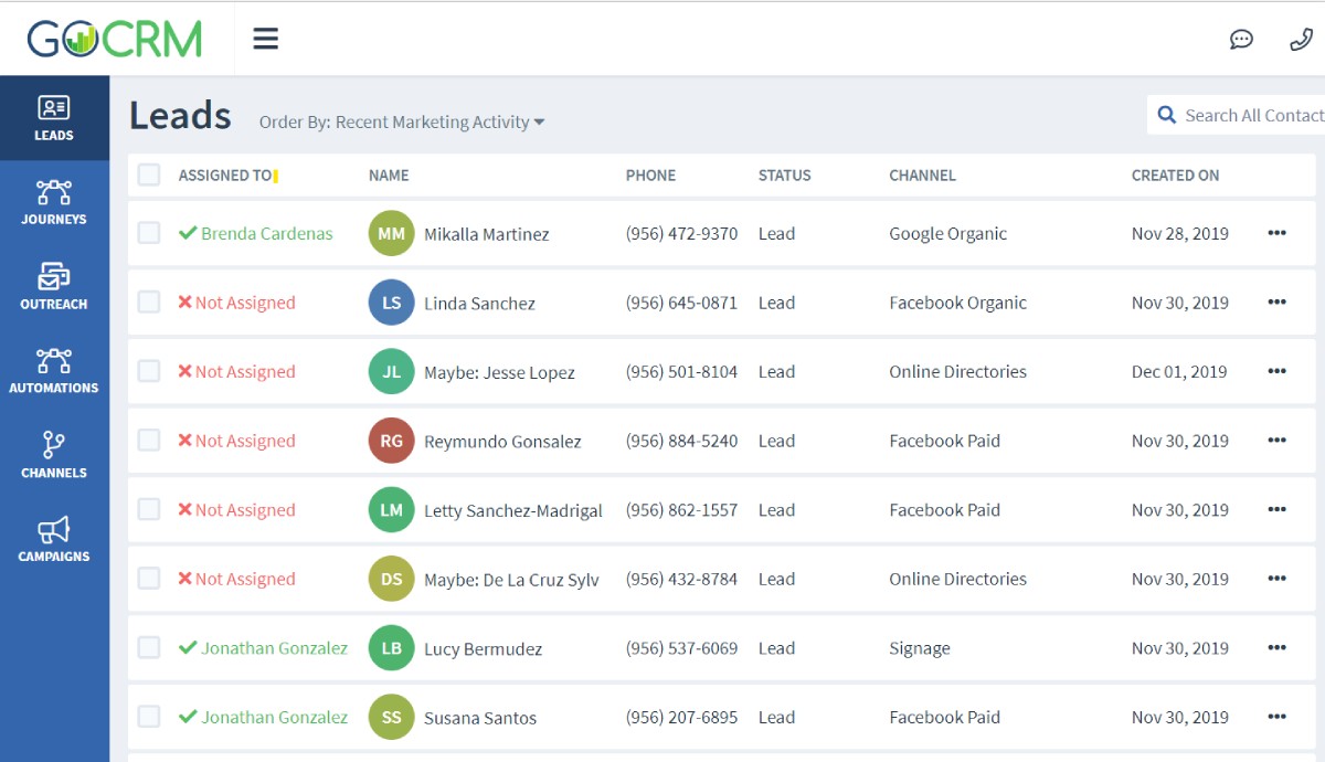 Lead tracking screenshot in GoCRM