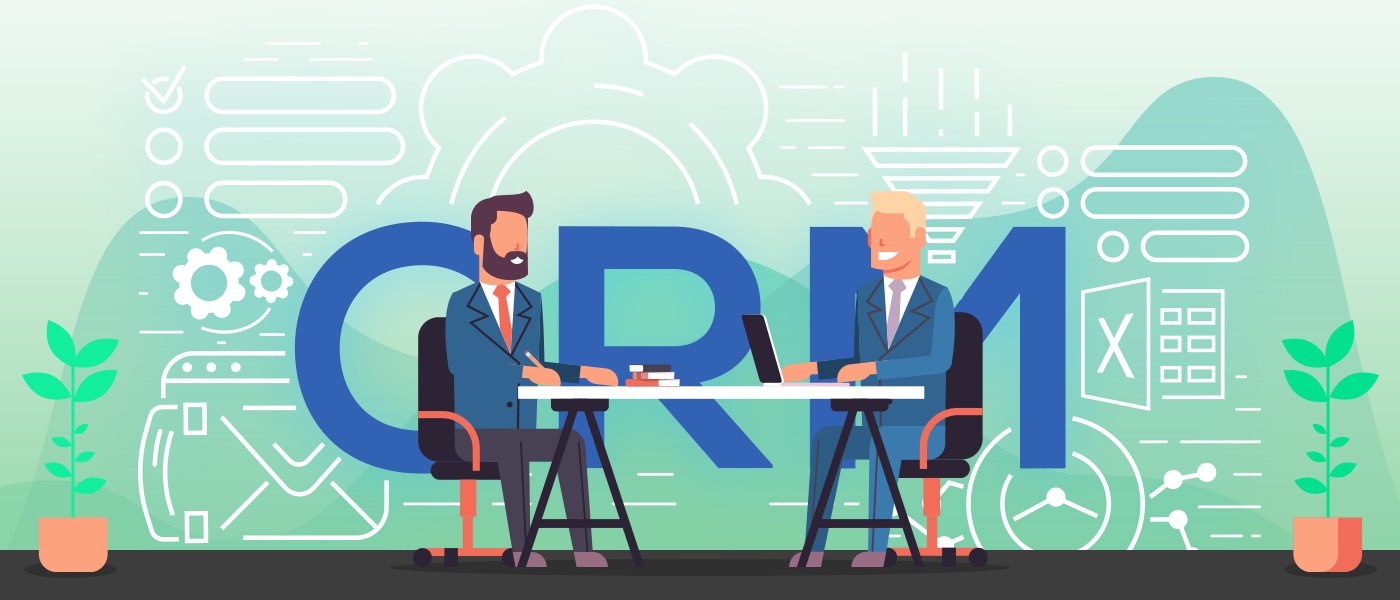 Illustration of two business men sitting in desk with CRM letters in the background