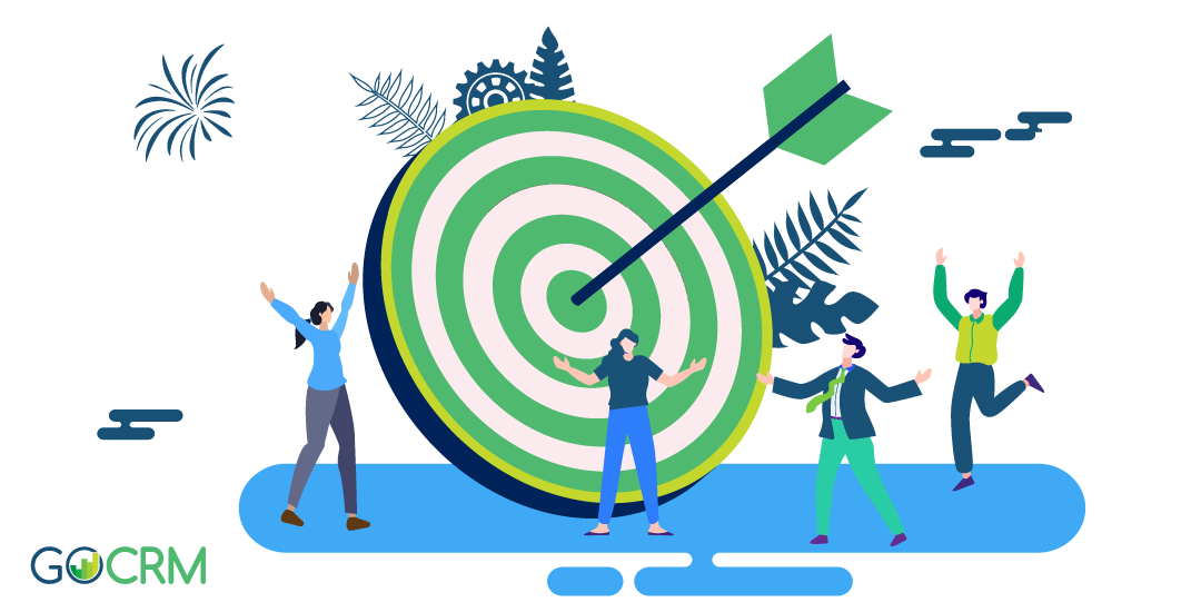 Vector illustration of people celebrating around large target with arrow in the middle