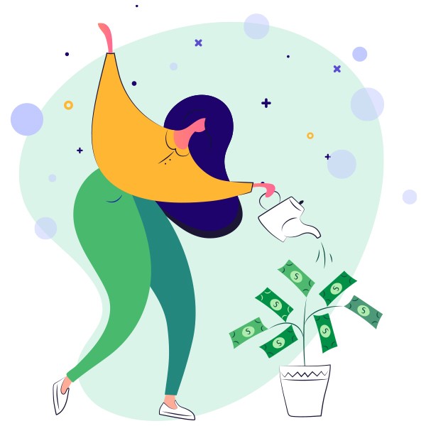 Woman watering plant and growing money