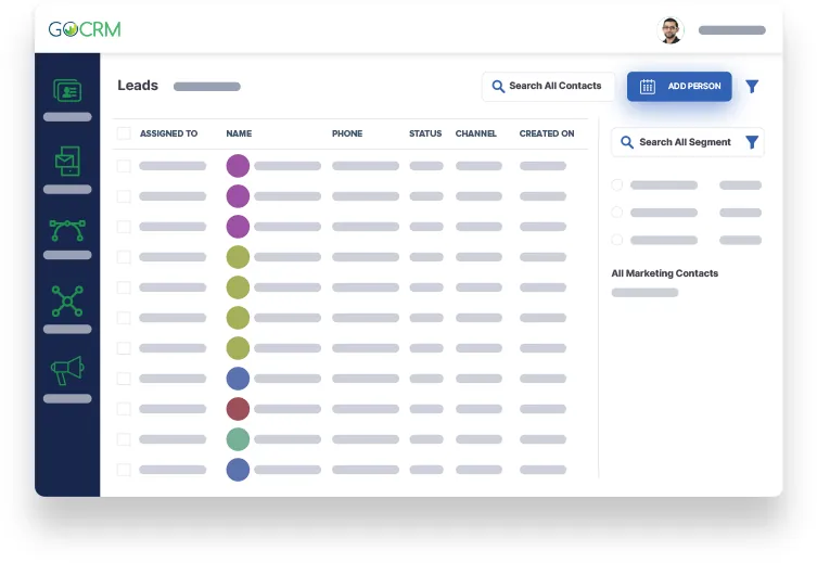 CRM dashboard, leads view