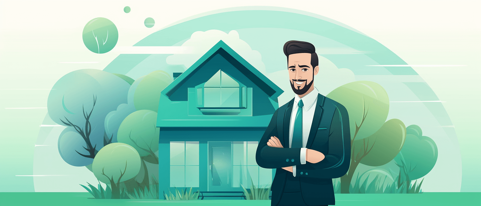 Vector illustration of business person confidently smiling in front of house